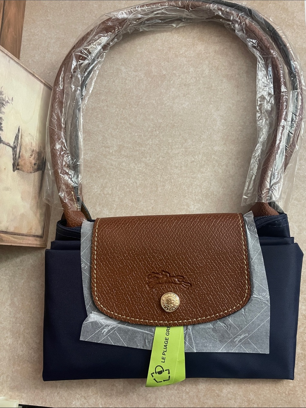 Medium Navy Nylon Shoulder Bag with Brown Leather Flap